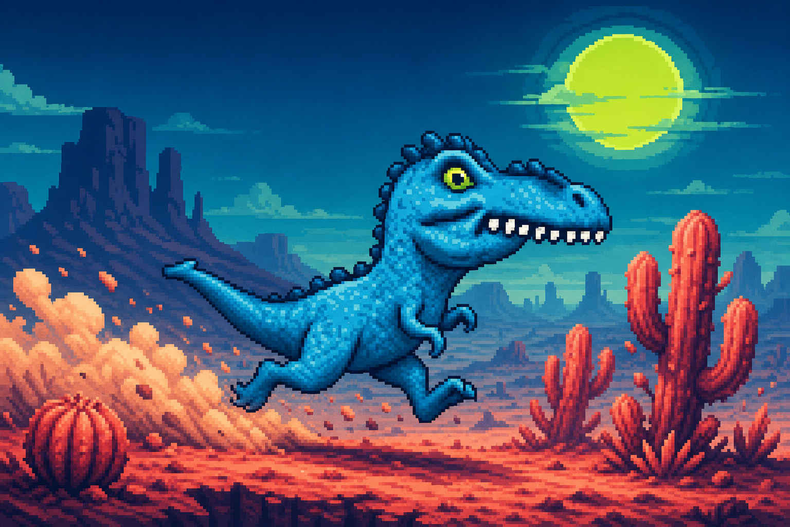 Blue dinosaur running through a desert