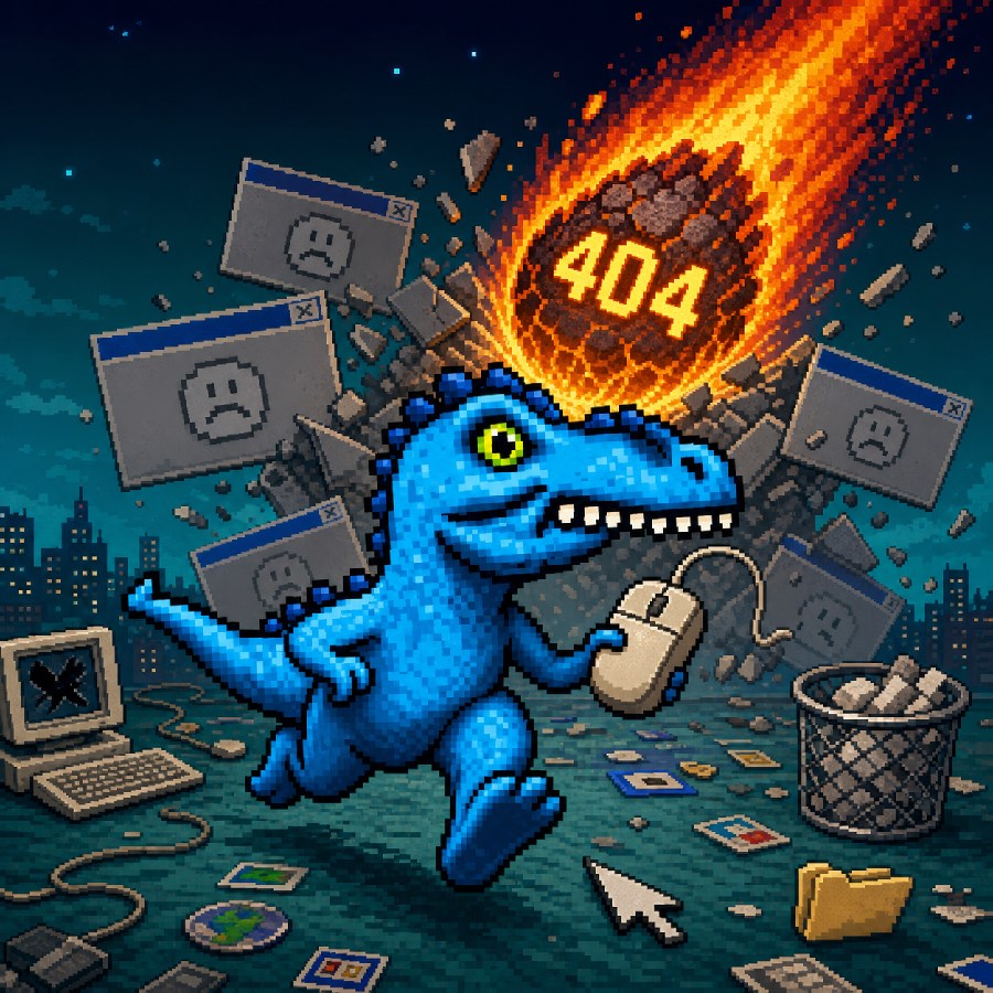 Blue dinosaur escaping from a flaming 404 meteor